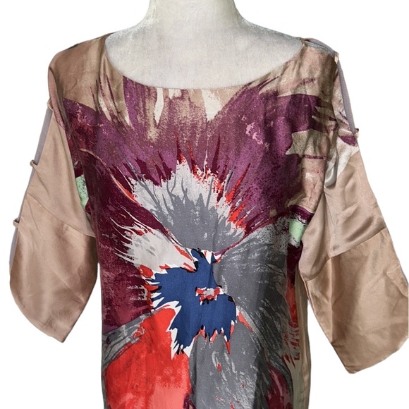 Tibi Silk Abstract Floral Cutout Kimono Sleeve Tunic Column Mini Dress - 2 - Picture 3 of 12